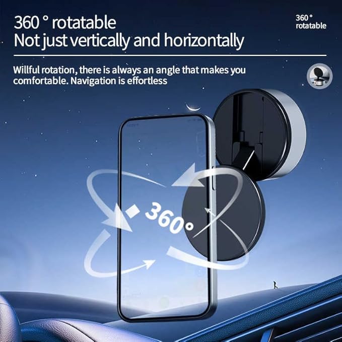 Magnetic Phone Holder for Car, 360° Rotatable Phone Holder, Mini Car Phone Mount with Vacuum Suction Cup, Foldable Stand with Magnetic Ring for Mirror/Shower/Smooth Surface, for all Smartphone