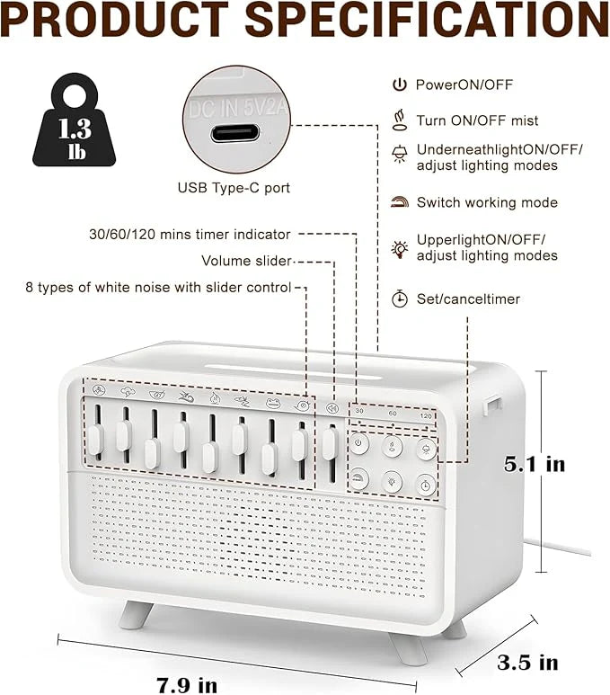 4-in-1 White Noise Machine, White Noise Humidifier with 8 Ambient Sounds &amp; Night Light, Sleep Sound Box with Bluetooth Speaker &amp; 3 Timers, Aroma Diffuser for Babies, Adults, Bedroom, Office