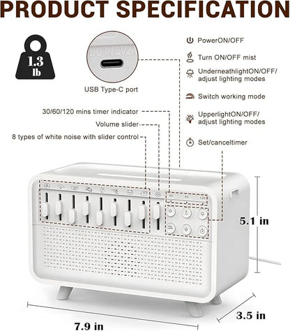 4-in-1 White Noise Machine, White Noise Humidifier with 8 Ambient Sounds &amp; Night Light, Sleep Sound Box with Bluetooth Speaker &amp; 3 Timers, Aroma Diffuser for Babies, Adults, Bedroom, Office